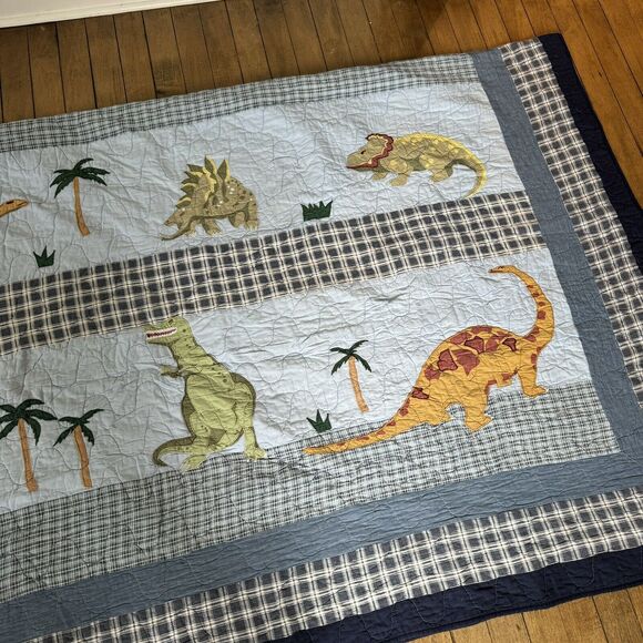 Pottery Barn Kids Twin Dinosaur Quilt Blue Denim Plaid Patchwork Rare - Picture 4 of 9